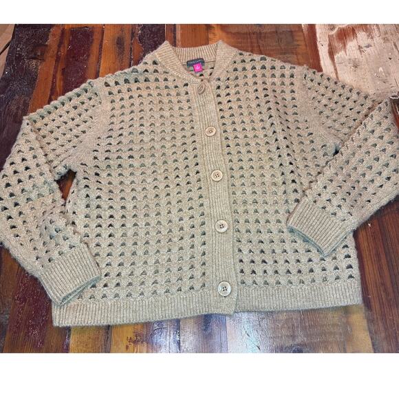 Vince Camuto Women's Pointelle Crew Neck Cardigan Tan Size S Stylish & Cozy - Picture 1 of 8